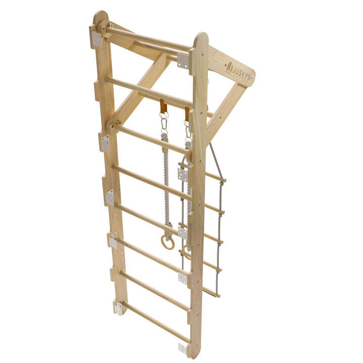 Sprossenwand für Kinder Kletterwand mit Strickleiter Turnringen Holz natur 2,1 m - 4262437183275