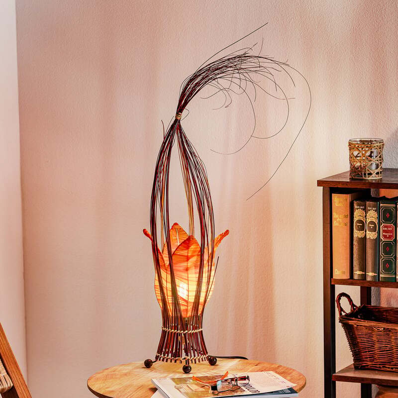 Woru Tischleuchte Lampe Elena Stoffschirm Orange Holz Textil Schalter Unikat - 4250323846137