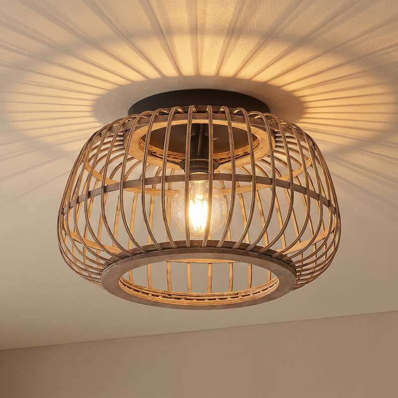 Lindby Deckenleuchte Bominio LED Lampe Rattan schwarz matt Ø40cm dimmbar 24,5cm - 4251911731354