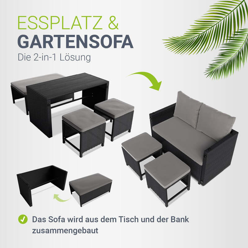 2in1 Polyrattan Gartenmöbel Jamaika Lounge-Set für Balkon 2-4 Personen schwarz - 4262437185224