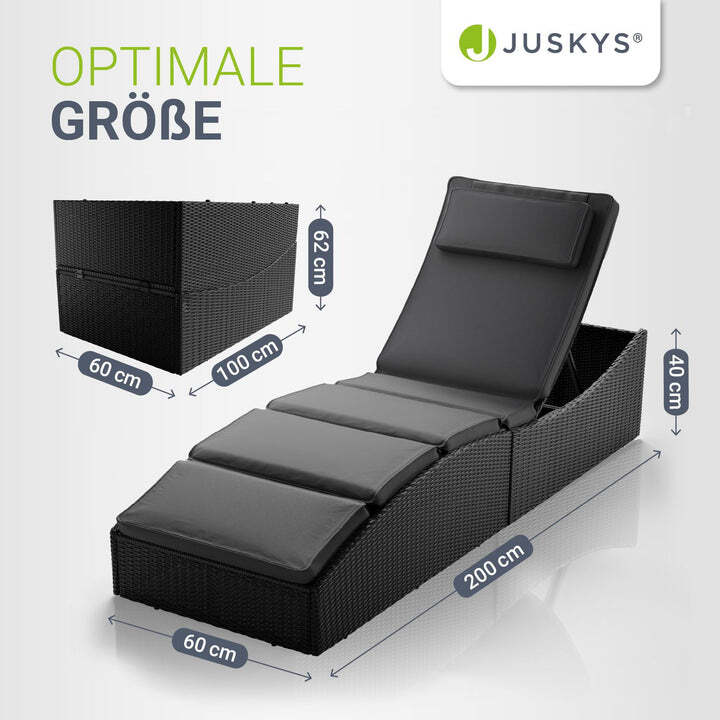 Faltbare Polyrattan Sonnenliege Lamia Relaxliege mit Kissen Schwarz Grau - 4262437181103