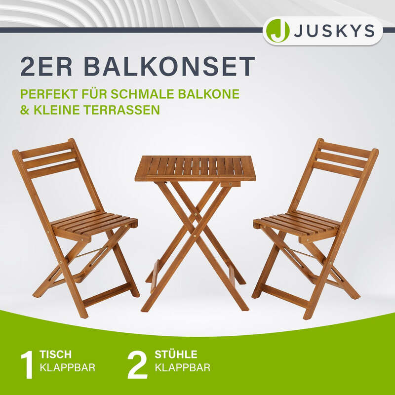 Balkonmöbel Set 3-teilig Akazienholz klappbar platzsparend Tisch Stuhl natur - 4260565529910