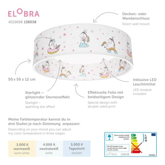 Elobra LED-Deckenlampe Deckenlampe Lampe Leuchte Einhorn Babsy Starlight 14W - 4019698138083