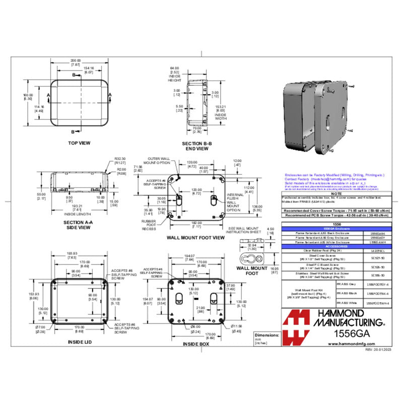 Hammond Electronics Universal-Gehäuse 1556GAWH IP54 flammhemmend 200x160x70mm - 0623980667317
