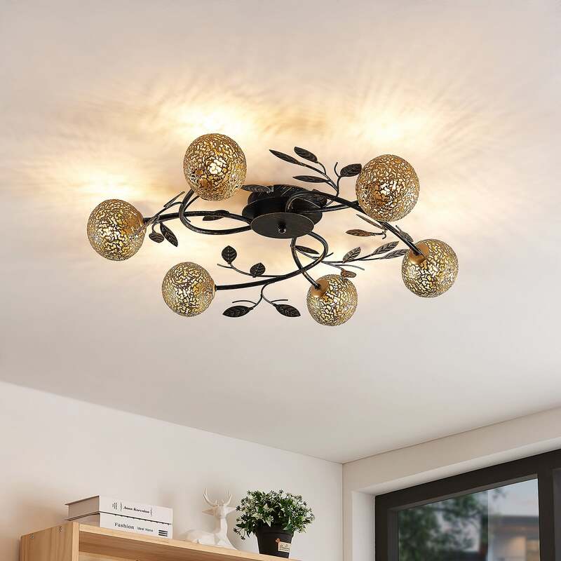 Lucande Evory Deckenleuchte rund 6-fl schwarz gold dimmbar 69 cm IP20 - 4251096585858