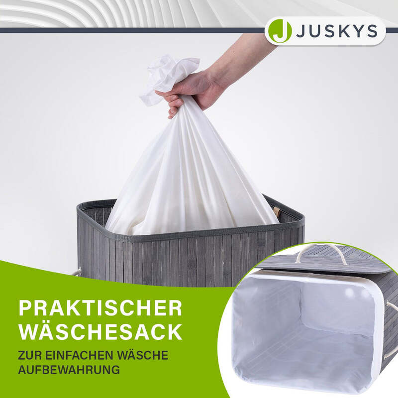 Bambus Wäschekorb Curly mit Deckel Tragegriff Wäschesack 72l grau 40x30x60cm - 4260565524410