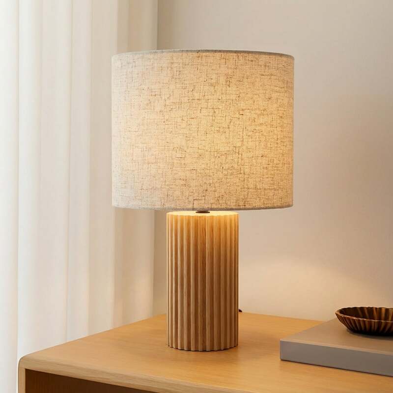 Lindby Tischleuchte Kimiko 38 cm Holz Textil beige E27 15 W mit Schalter - 4251911798517