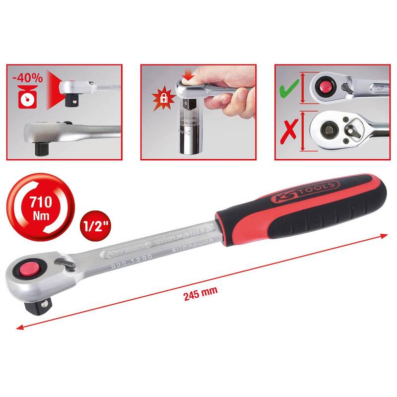 1/2" KS Tools SlimPOWER Umschaltknarre 72 Zahn 710 Nm Chrom-Vanadium 245 mm - 4042146418284