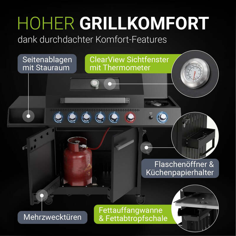 BBQ Gasgrill Tennessee 6 Brenner Edelstahlbrenner Seitenbrenner schwarz 21,5kW - 4262437186955