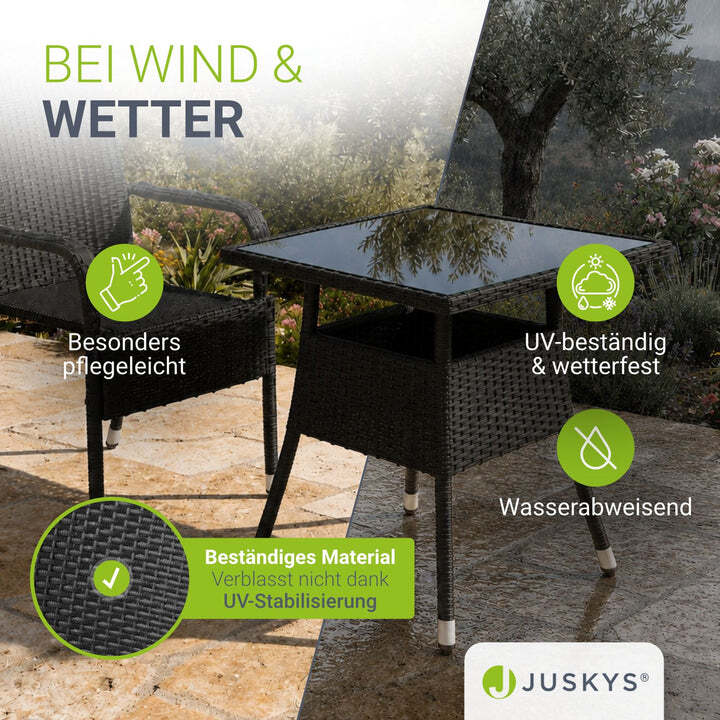 Eckiger Gartentisch Yoro Polyrattan Tisch mit Glasplatte 80x80cm schwarz - 4262437180205