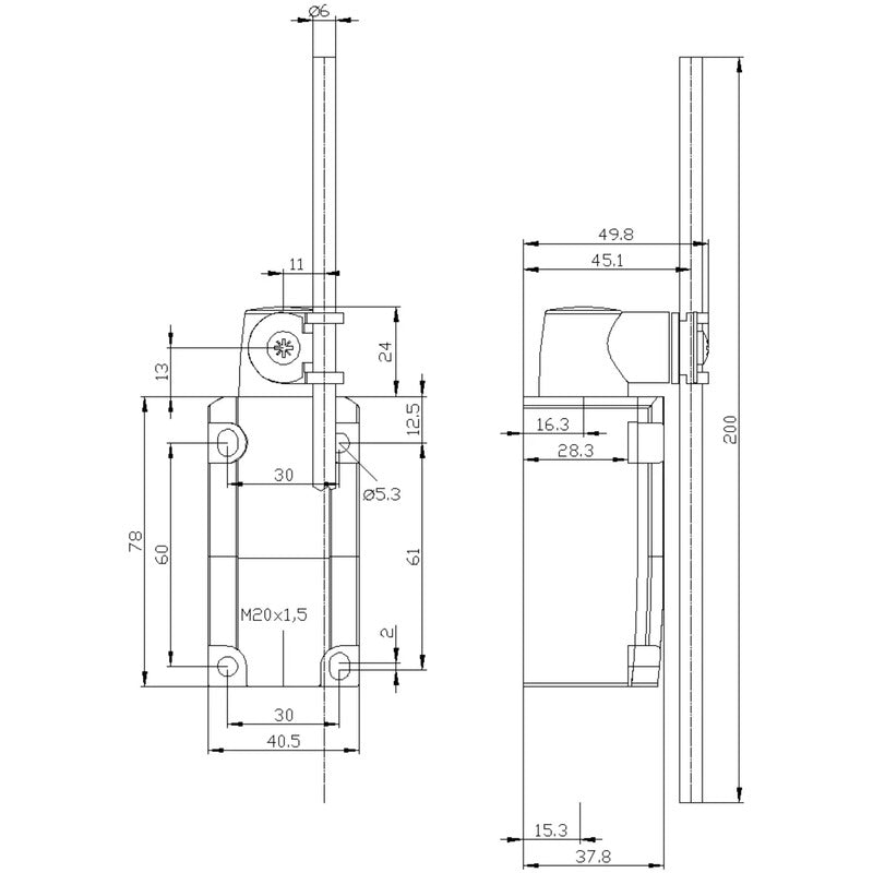 Siemens Positionsschalter 3SE5132-0CJ82 Stangenhebel 6A IP65 Kunststoff 281x40mm - 4011209878013