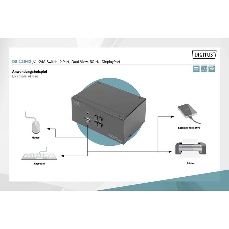 Digitus DS-12862 KVM-Umschalter Switch DisplayPort 2 Port 3840 x 2160 Pixel 536 - 4016032478133
