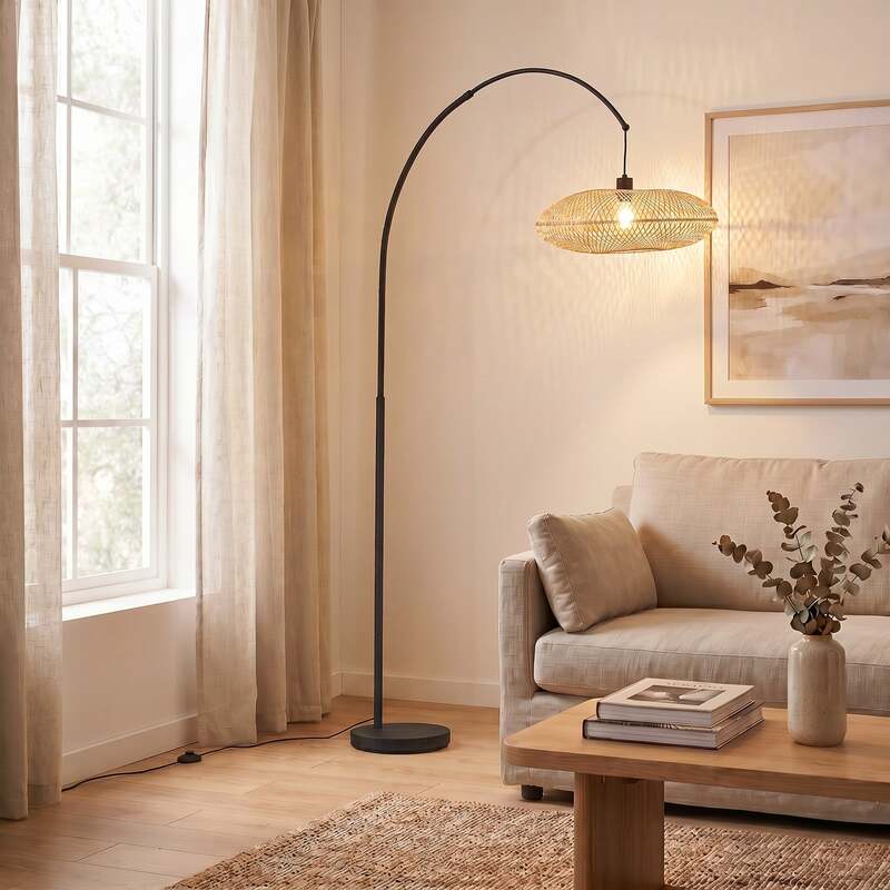 Lindby Bogenleuchte Solvian schwarz/natur Bambus Metall Lampe Leuchte Spot - 4255830904288