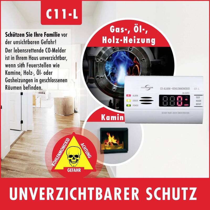 Protector C11-L Kohlenmonoxid-Melder Warnmelder Kohlenmonoxid batteriebetrieben - 4260070560156