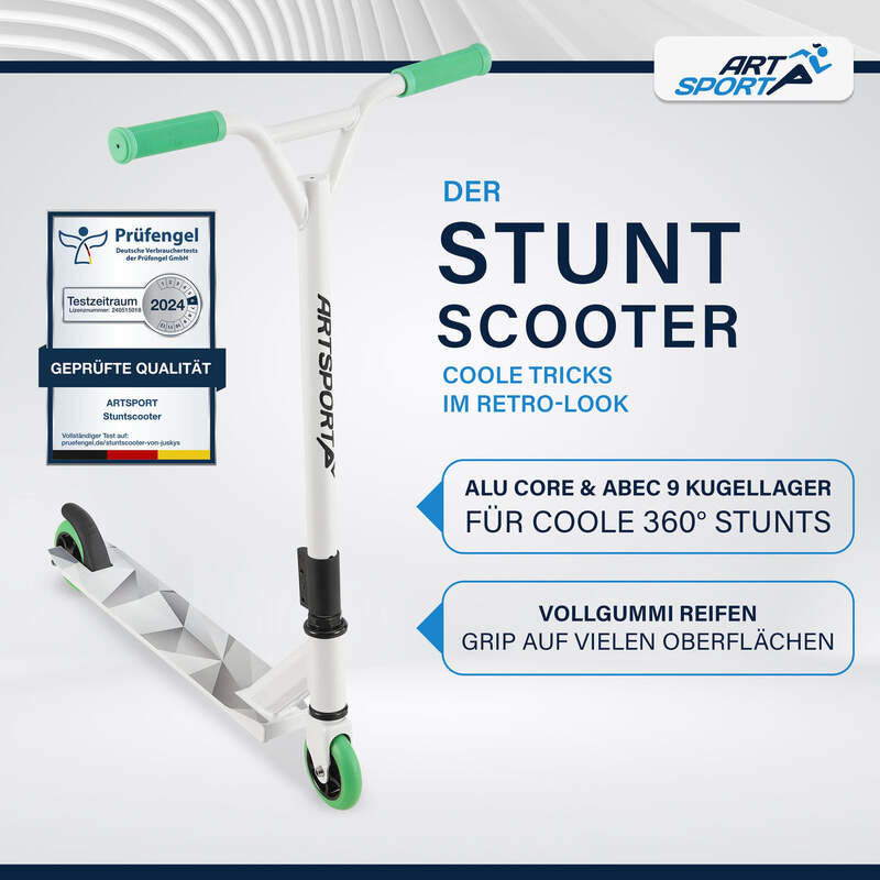Stunt Scooter für Kinder 360° Lenker 100 mm Rollen Stuntroller Tricks grün weiß - 4260565526360