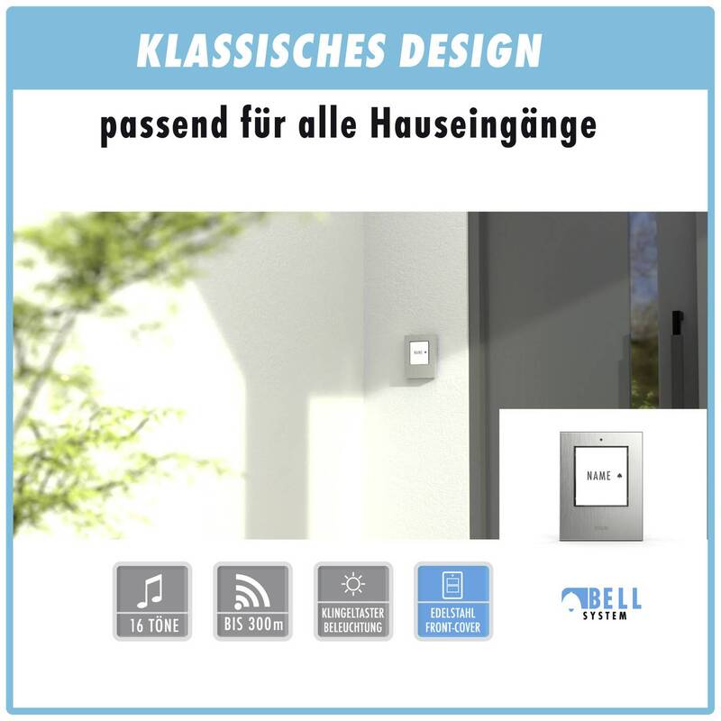 m-e modern-electronics Funkklingel Komplett-Set beleuchtet 200m Reichweite - 4250109133857