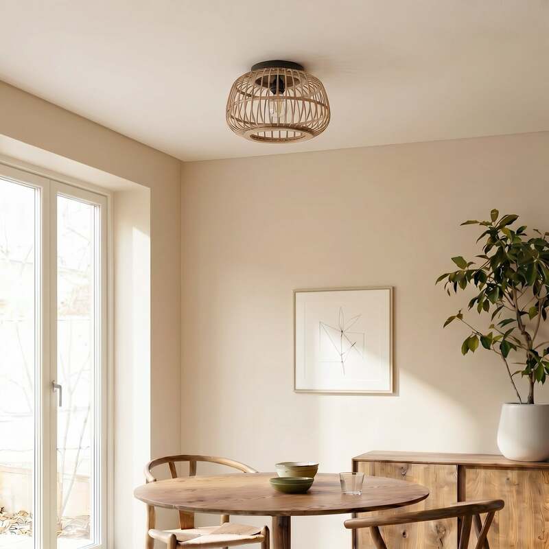 Lindby Deckenleuchte Bominio LED Lampe Rattan schwarz matt Ø40cm dimmbar 24,5cm - 4251911731354
