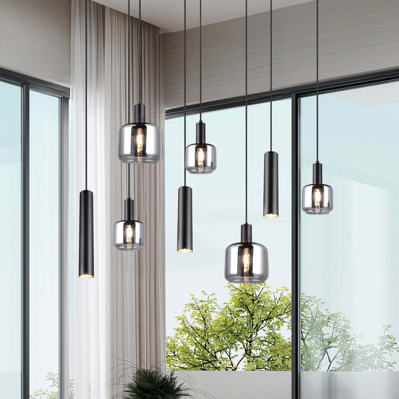 TRIO LIGHTING Hängelampe Pendelleuchte Mataro chrom/schwarz 118cm 8-flg Glas - 4017807612929