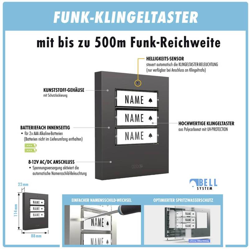 m-e Funkklingel Türklingel Komplett-Set Bewegungsmelder Namensschild beleuchtet - 4250109134373