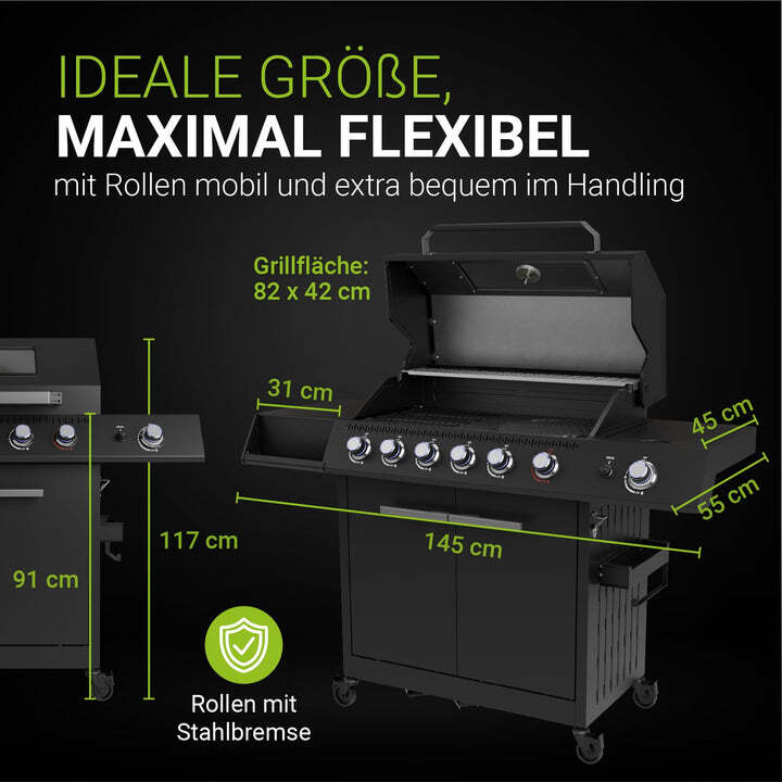 BBQ Gasgrill Tennessee 6 Brenner Edelstahlbrenner Seitenbrenner schwarz 21,5kW - 4262437186955