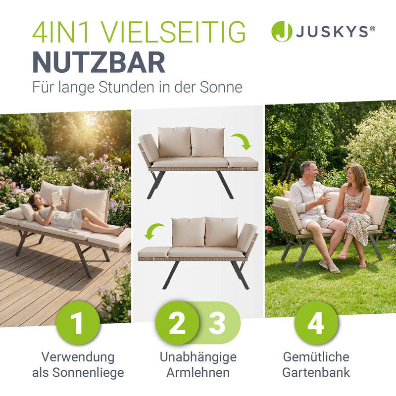 Polyrattan Gartenbank Calvia Creme Sand Liegefunktion 2-3 Personen Multifunktion - 4262437187501