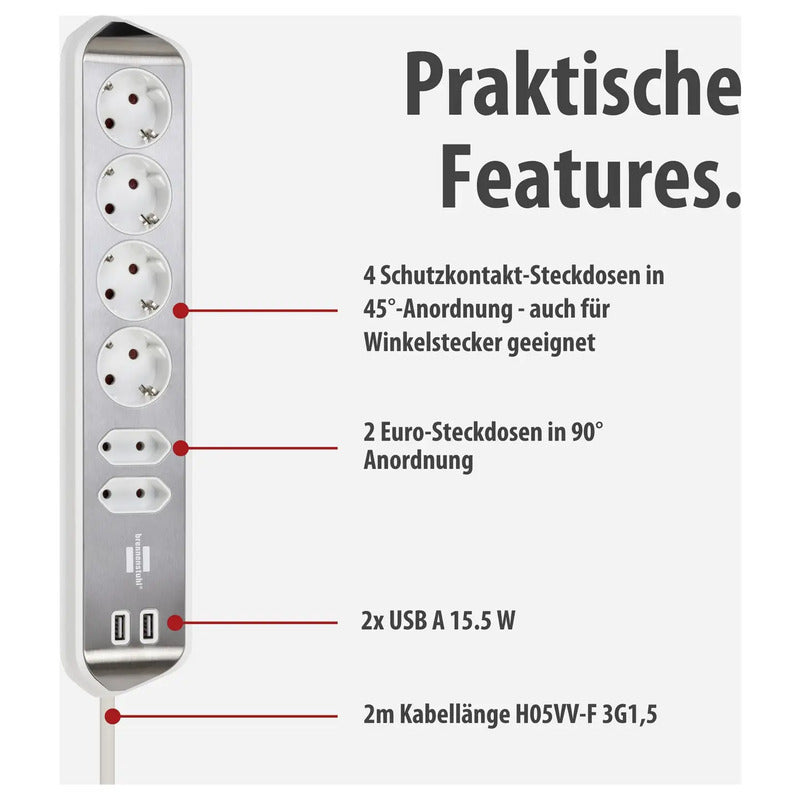 Brennenstuhl Tischsteckdose Silber 6-fach USB Schutzkontakt 2m Innenbereich 230V - 4007123672837