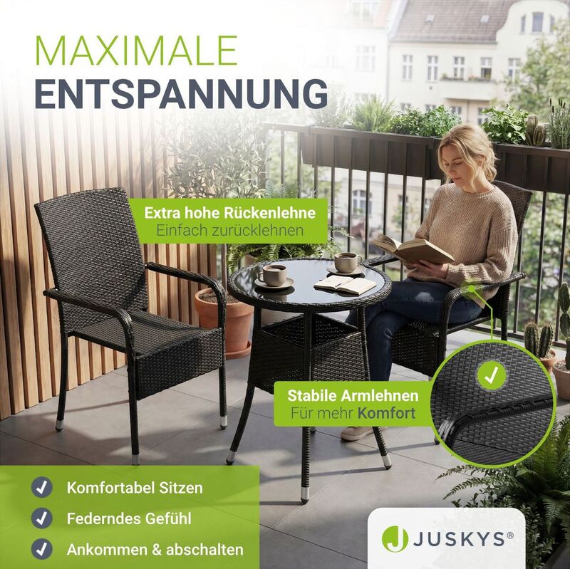 Polyrattan Gartenstuhl Outdoor Stuhl Yoro stapelbar mit Stahlrahmen 2er Set - 4260565529484