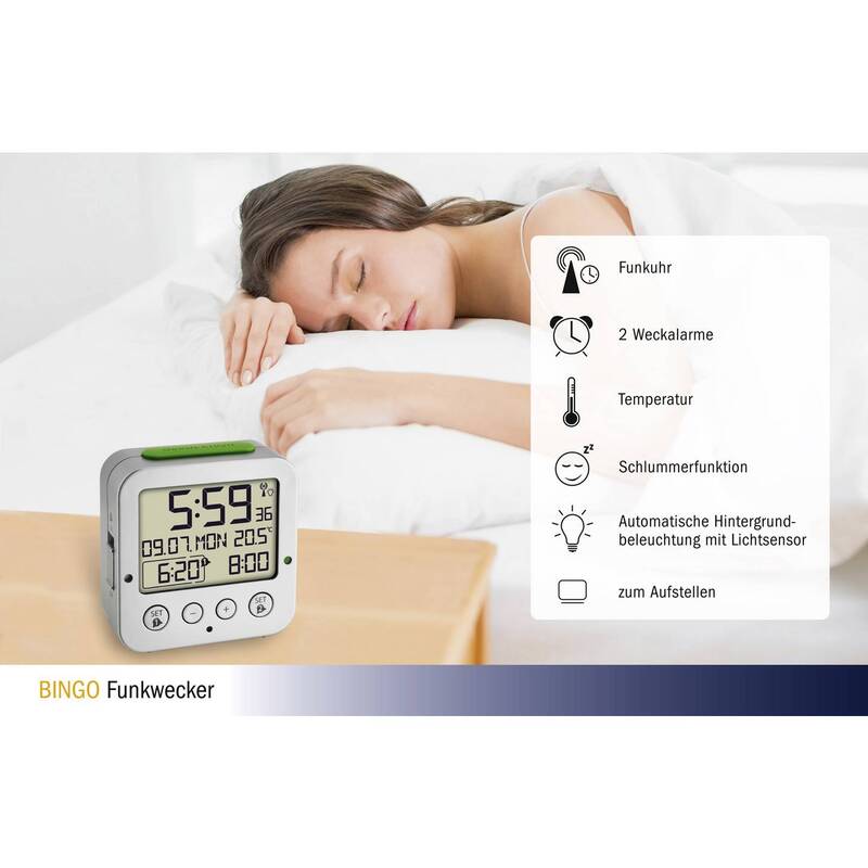 TFA Dostmann Funkwecker digital Alarmzeiten 2 silber Kunststoff 81x81x33mm Uhr - 4009816027580