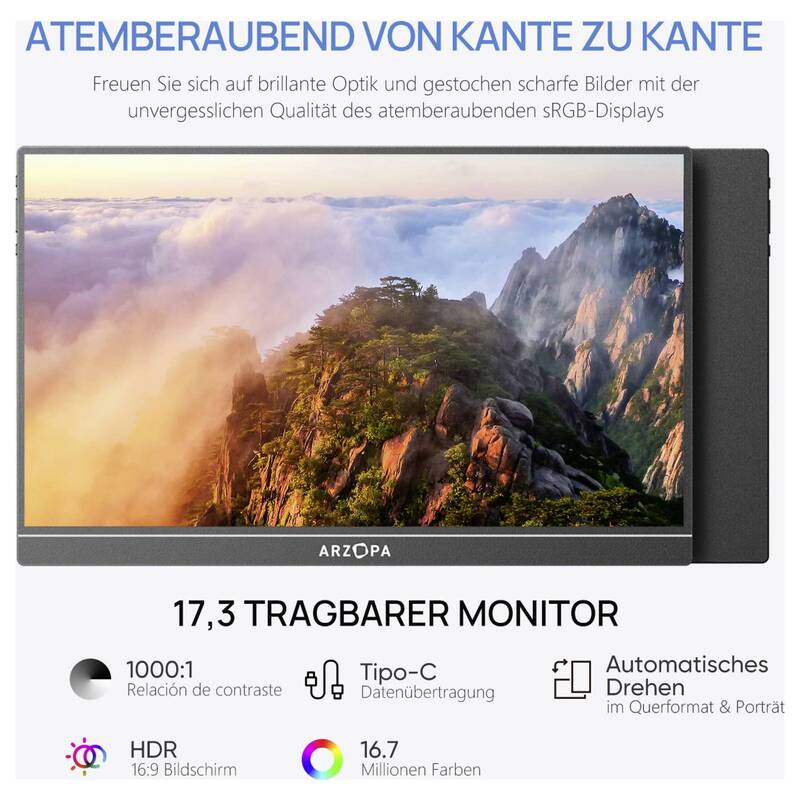 Arzopa Portabler Monitor 17,3 Zoll Full HD 1920x1080 IPS HDMI USB-C schwarz - 6975114120187