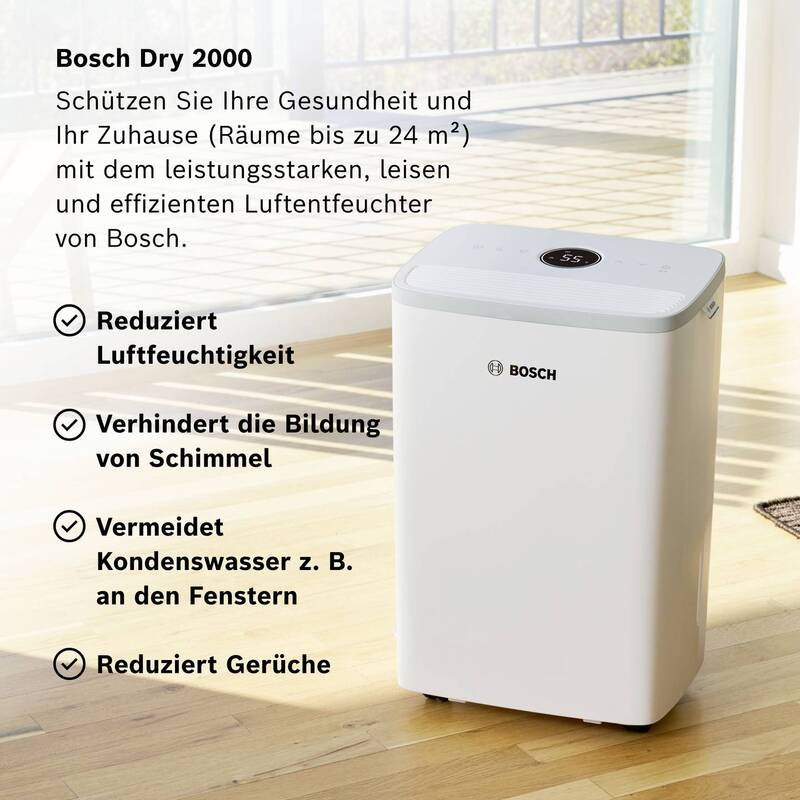 Bosch Luftentfeuchter DRY 2000 12L/Tag für Räume bis 55m³ leise 35dB Weiß - 4069143047767