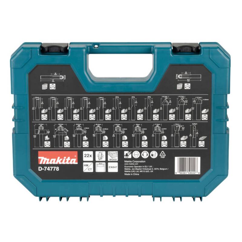 Makita Fräser-Set 22-teilig HM 8 mm für Holzarbeiten im Koffer 250x345 mm - 88381590228
