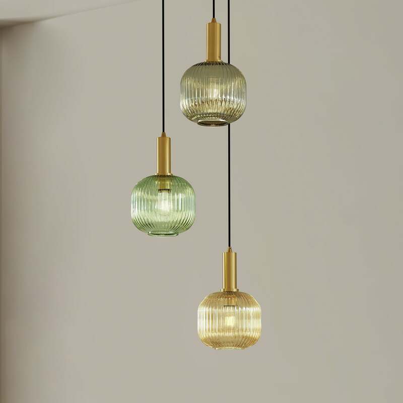Lindby Hängeleuchte Doroteo 3-flg grün amber grau 45 cm Glas dimmbar E27 - 4251911792997