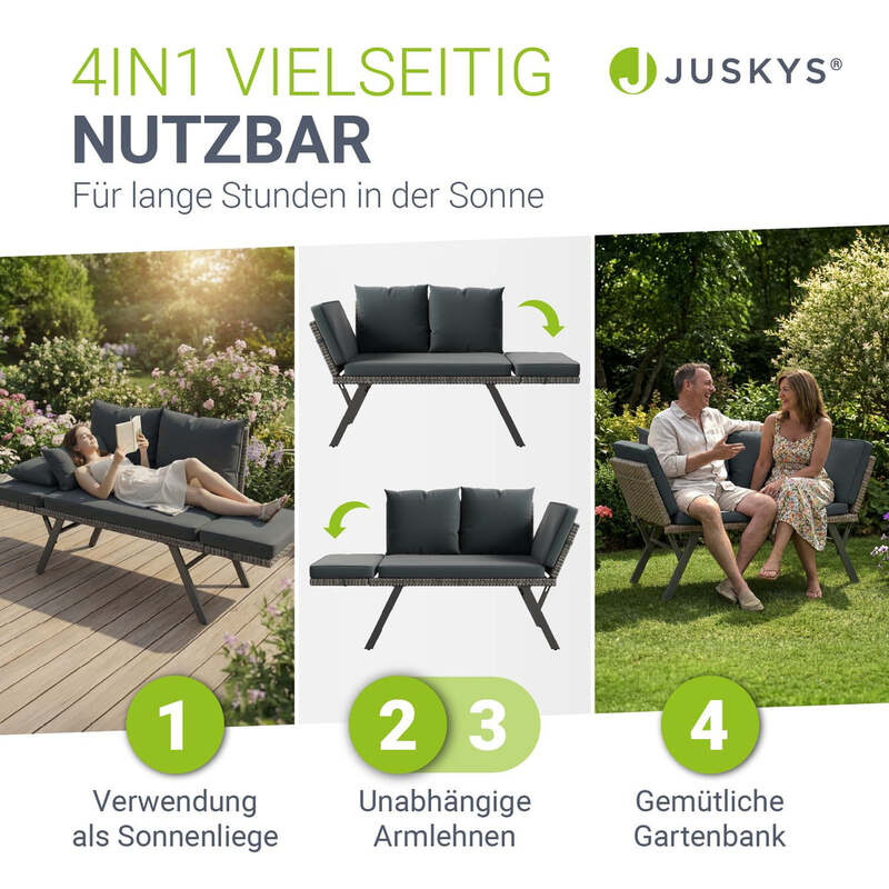 Polyrattan Multifunktionsbank Calvia Gartenbank Liegefunktion grau 171x62x84 cm - 4262437187495