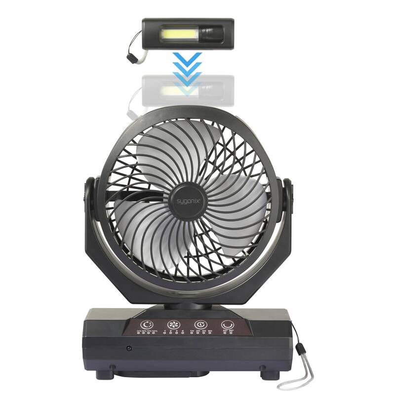 Sygonix Akku-Ventilator Camping Outdoor 4 Stufen 90° Schwenk schwarz 205mm - 4064161312132