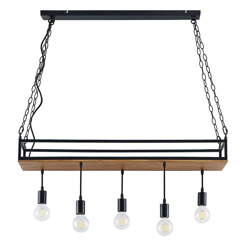 Lindby Pendelleuchte Kirista 5-flg LED schwarz Holz 100cm E27 Leuchte Lampe - 4251911734812