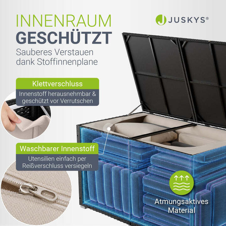 Polyrattan Auflagenbox IkariaGartenbox 950 Liter Deckel und Innenplane Schwarz - 4260565524533