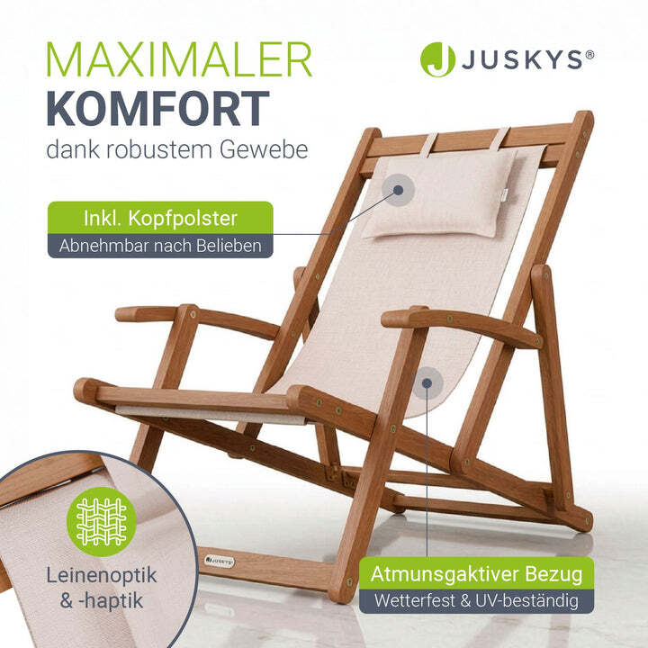 Sonnenliege klappbar Tavira Liegestuhl aus geöltem Akazienholz creme 110x60cm - 4262437187426