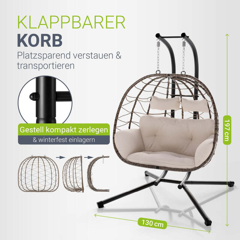 Polyrattan Doppelhängesessel Aria Freischwingend mit Kissen für 2 Personen beige - 4262437181349