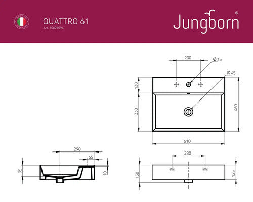 Jungborn Waschtisch Waschbecken QUATTRO 61 x 46 cm Badezimmer Weiß Glänzend - 4306517903466