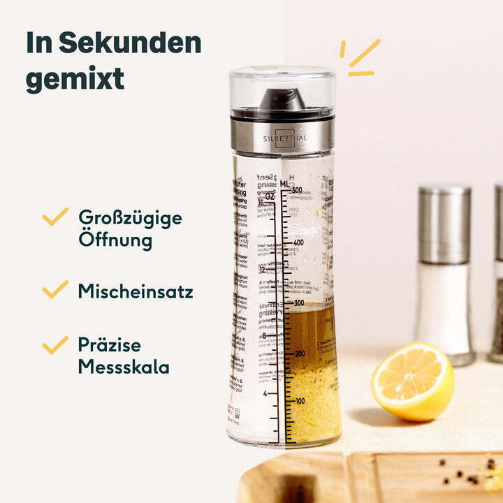 SILBERTHAL Dressingshaker Mixer Glasflasche 500ml Küchenhelfer Marinaden Soßen - 4260470462548