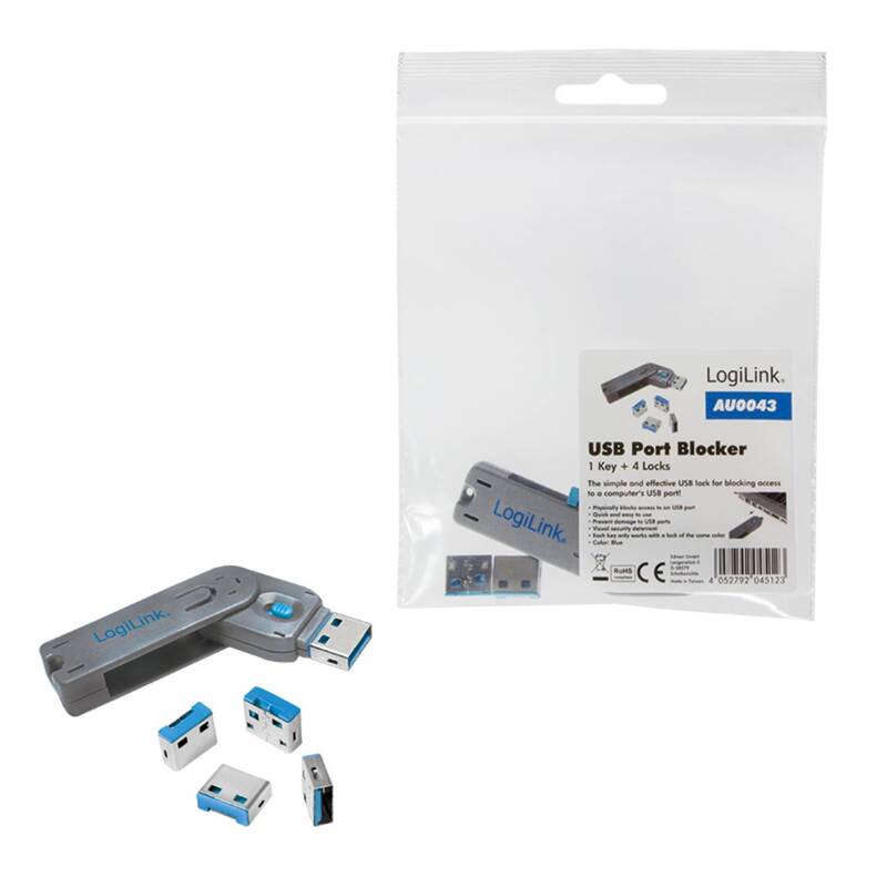 LogiLink USB-Port AU0043 Schloss USB-A Port Silber Blau 1 Schlüssel 4 Schlösser - 4052792045123