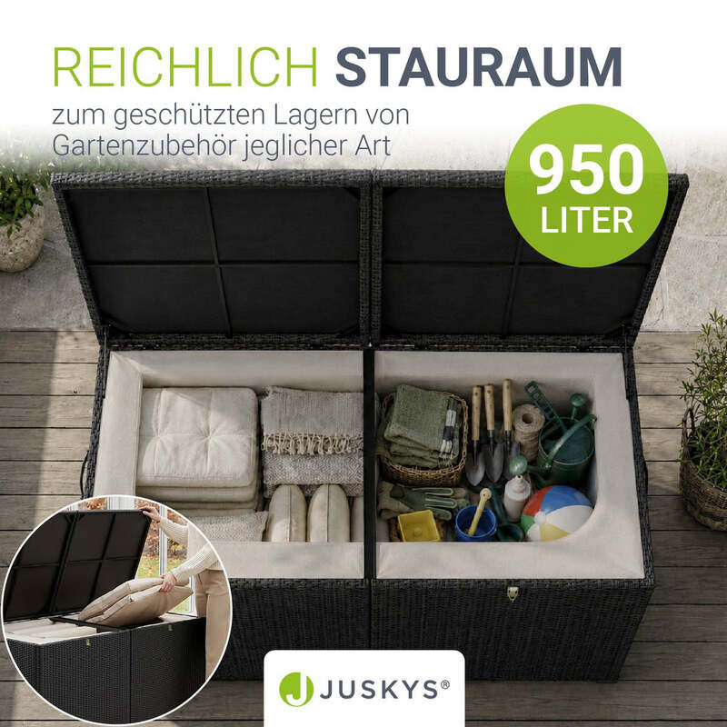 Polyrattan Auflagenbox IkariaGartenbox 950 Liter Deckel und Innenplane Schwarz - 4260565524533