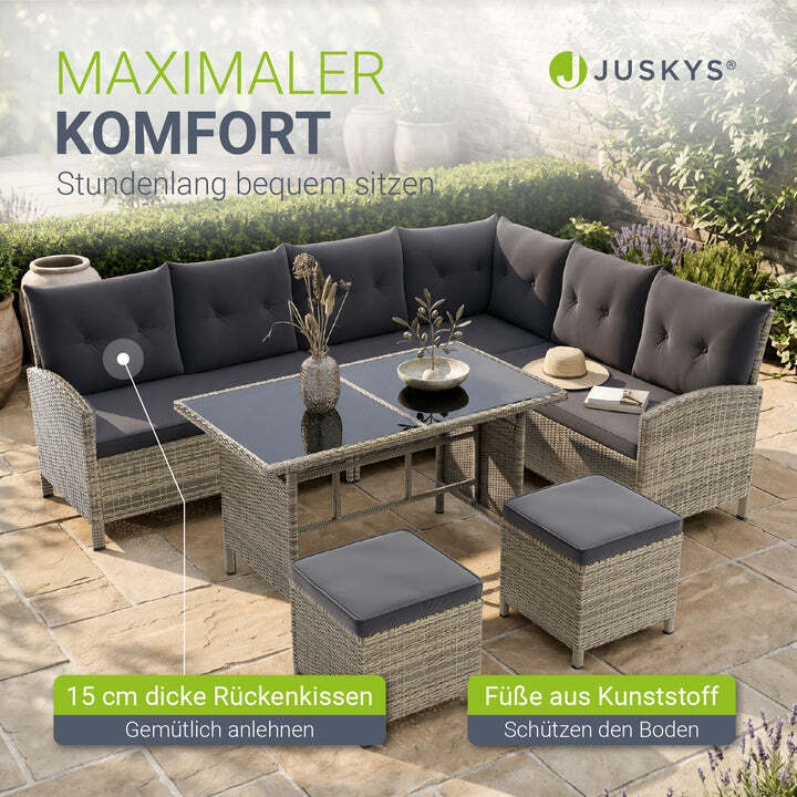 Rattan Lounge Manacor Polyrattan Gartenmöbel Set für 8 Personen mit Kissen grau - 4260565525608