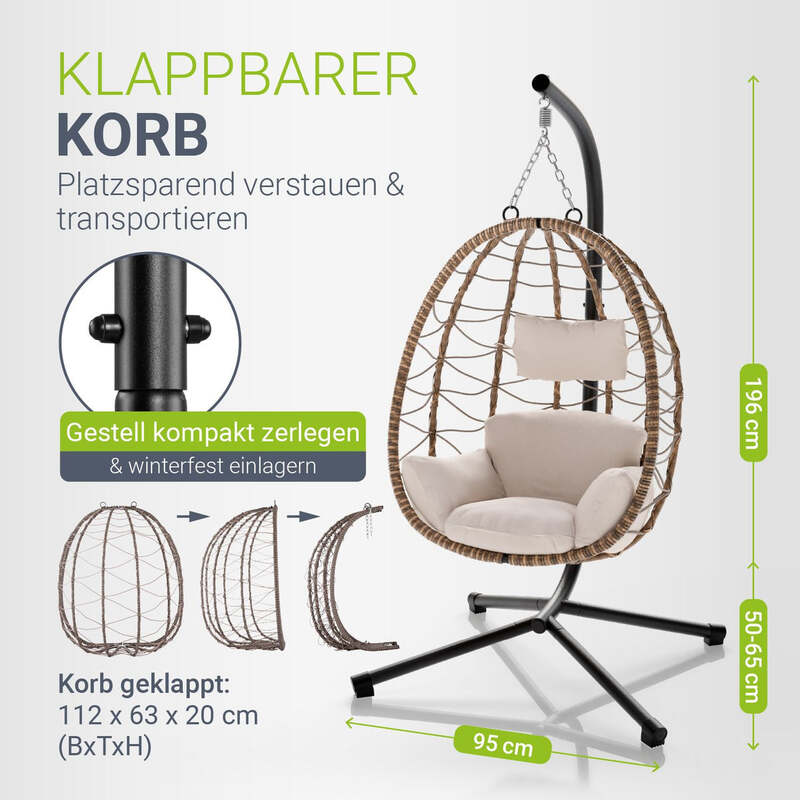Korbhängesessel Aria Hängesessel Relaxsessel mit Gestell Kissen Aufhängung Beige - 4260565526995