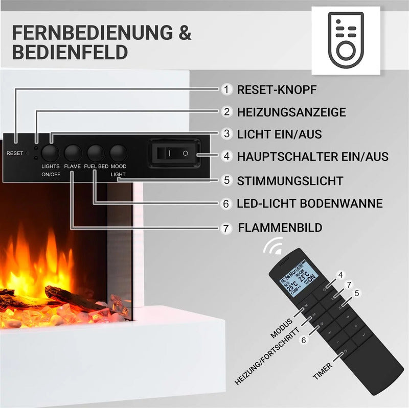 BALDERIA Elektrokamin Wandkamin Aidan 2000W Heizgerät 3D Flammeneffekt weiß - 4260672442157