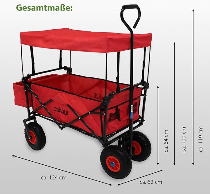TRUTZHOLM Bollerwagen faltbar 80L 4 PU Räder mit Dach rot platzsparend - 4047385740431