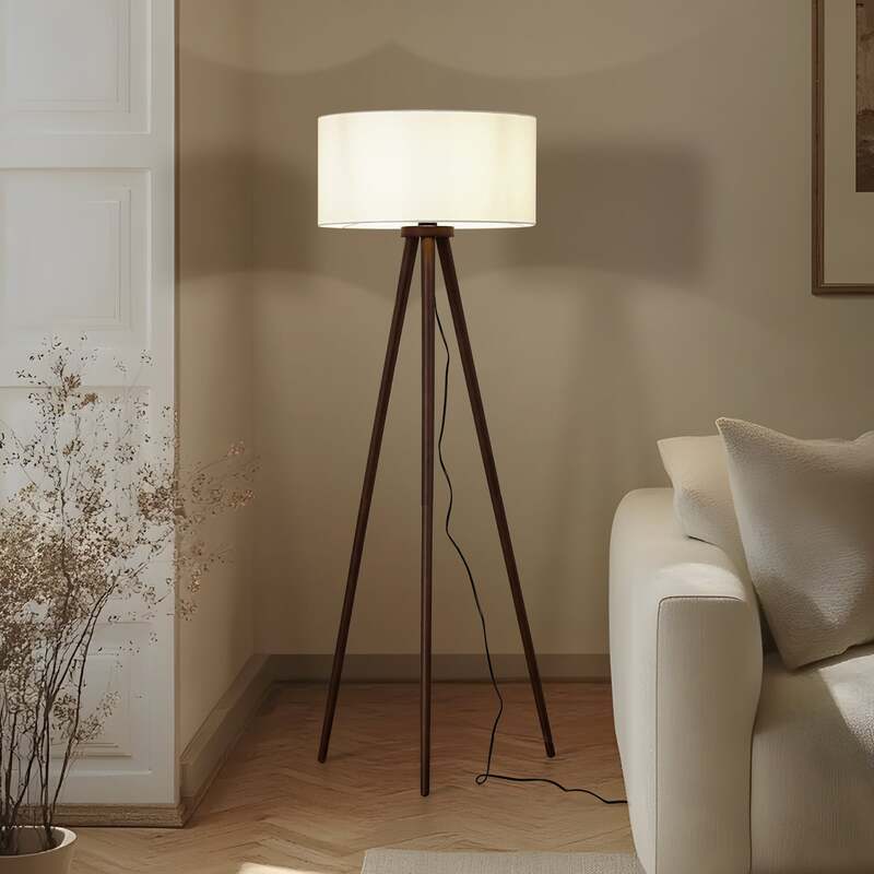 Lindby Stehleuchte Charlia 150 cm weiß Walnussholz E27 15 W mit Schalter - 4255830903090