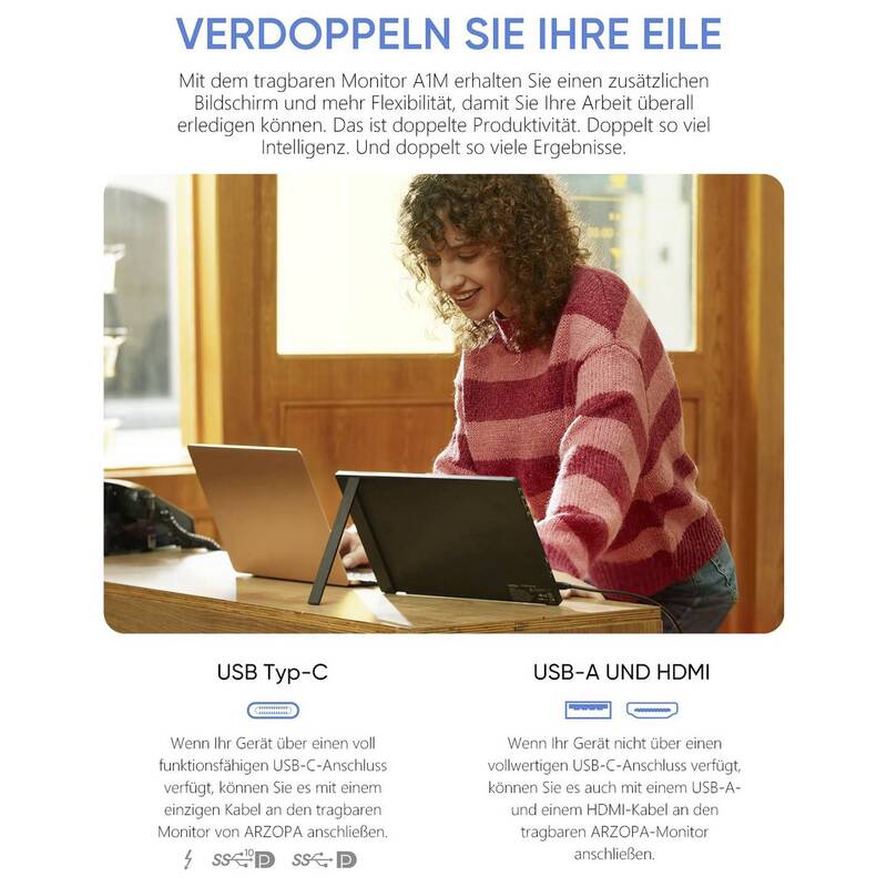 Arzopa Portabler Monitor 17,3 Zoll Full HD 1920x1080 IPS HDMI USB-C schwarz - 6975114120187