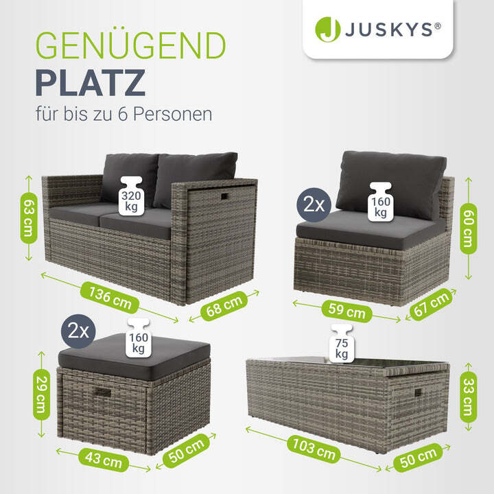 Polyrattan Lounge Salou Gartenmöbel Set für 6 Personen wetterfest Polster grau - 4262437180274