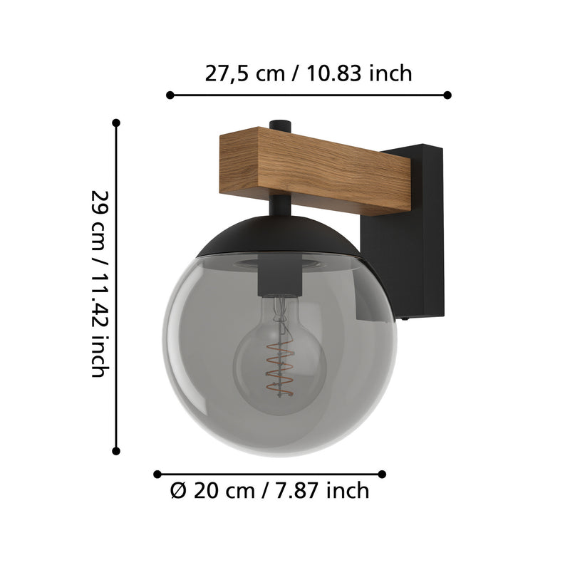EGLO Außenwandleuchte Bufalata Wandleuchte Wandlampe E27 schwarz Holz Glas rauch - 9008606261765